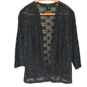 R&M Richards Lace Jacket 18 Navy Blue Sequin Open Front Bolero Evening Cardigan